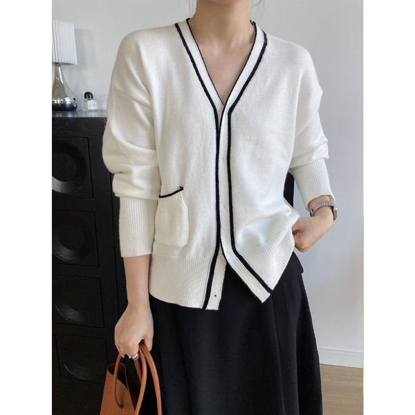 

women's knits & tees yeeloca color contrast v-neck knitted sweater early autumn for women white black single breasted coat temperament