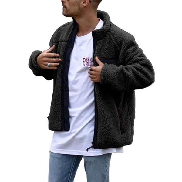

men winter long sleeve stand collar faux fleece zipper pocket warm coat jacket men's clothing jackets, Black;brown