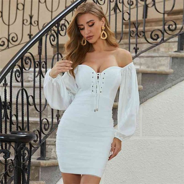 

summer women white long sleeve bandage dress off shoulder mini club celebrity runway party dresses vestidos 210507, Black;gray
