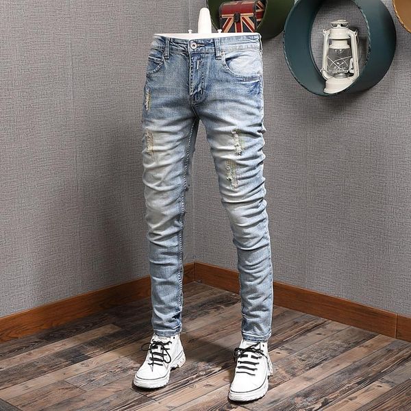

men's jeans mens classic vintage light blue ripped men fashion korean style embroidery straight slim fit denim pants