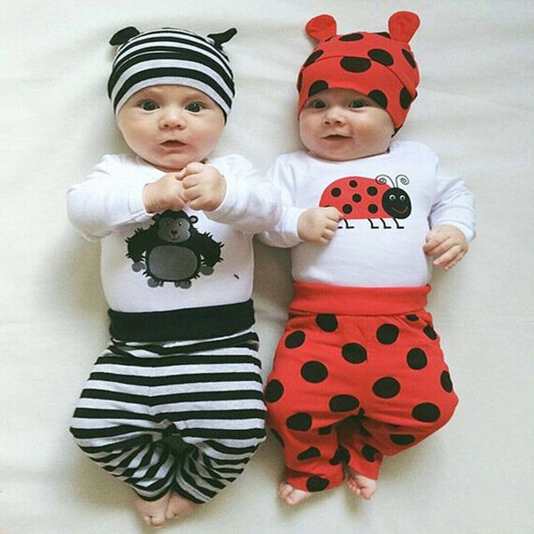 

newborn infants baby boys girls bodysuit long pants hats outfit set clothes 3pcs cute cartoon bodysuit set unsex, White