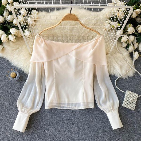 

women's blouses & shirts 2021 autumn fashion temperament blouse female one-neck strapless puff sleeve blusa chiffon long-sleeved shirt, White