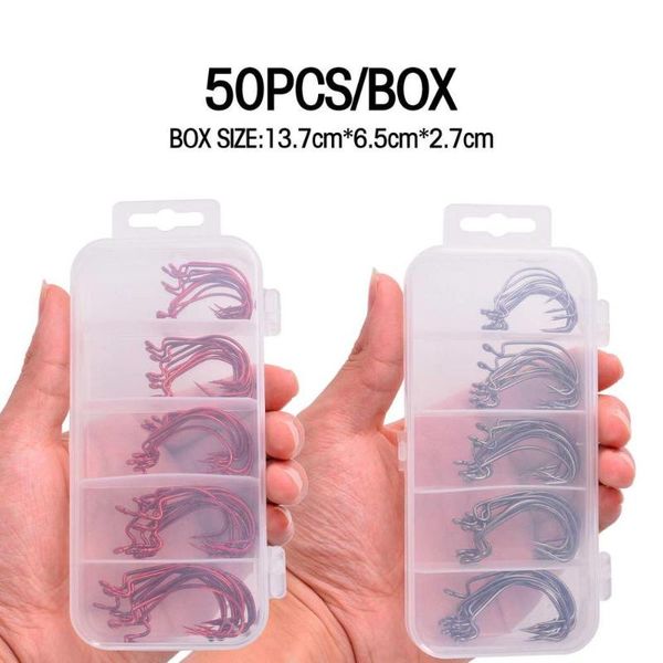 

50pcs sea offset hook 2#1# 1/0# 2/0# 3/0# carp snap fishing big soft bait hooks red/black wide belly crank boxed