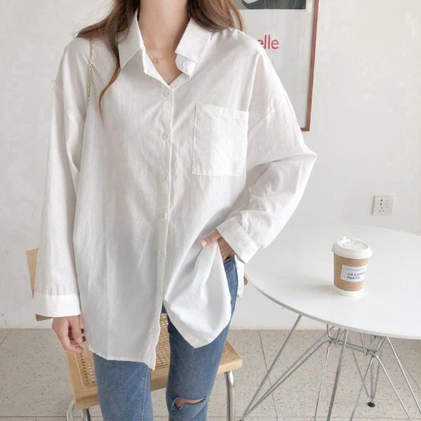 

women's blouses & shirts blouse thin pockets vintage office lady blusa faminina spring 2021 solid loose long-sleeved women shirt 022a, White