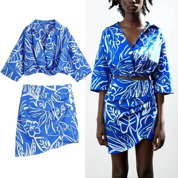 

women's blouses & shirts onebling women 2021 blue front ruching vintagev-neck blouse summer draped print mini skirt chic female, White