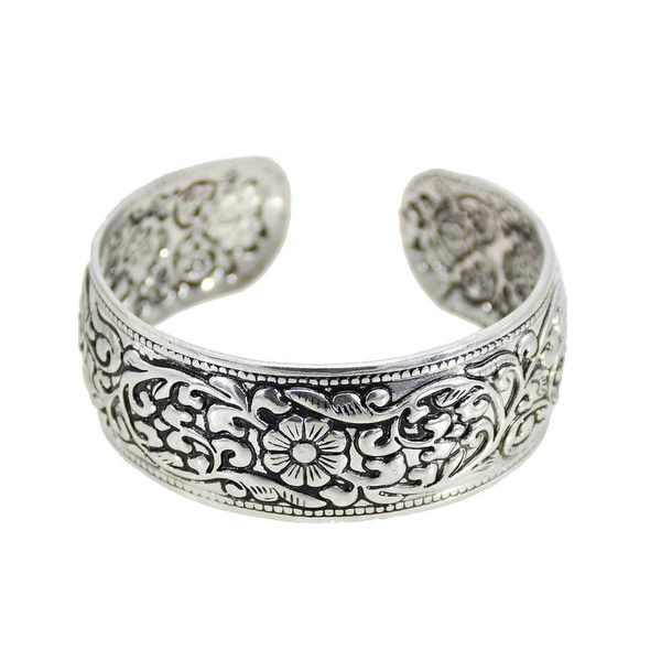 

bangle gypsy vintage silver color metal retro ethnic lotus leaf pattern open cuff bracelets & bangles for women boho jewelry, Black