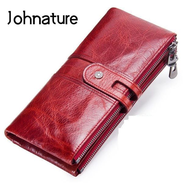 

wallets johnature 2021 genuine leather casual solid zipper & hasp patchwork long women standard female purse clutch bags, Red;black