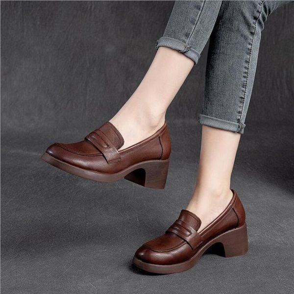 

dress shoes rushiman genuine cow leather loafers for women mid heel round toe ladies casual oxford fashion girls, Black