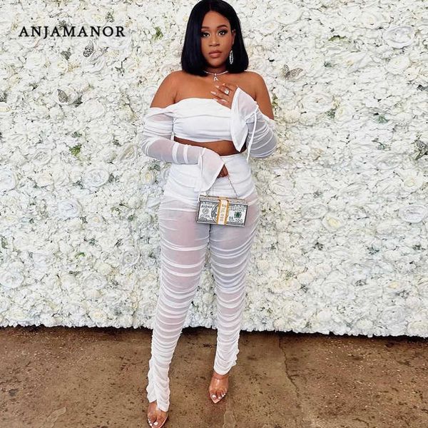 Anjamanor White Black Mesh Zweiteiler Set Langarm Crop Top und gestapelte Hose Sexy Birthday Club Outfits für Frauen D16-DF32 Y0625