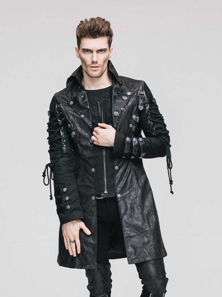 Devil Fashion Steampunk Gótico Preto Outono Outono Inverno Casacos Outerwears Punk Faux Leather Homens Uniforme Militar Casacos Longos 211011