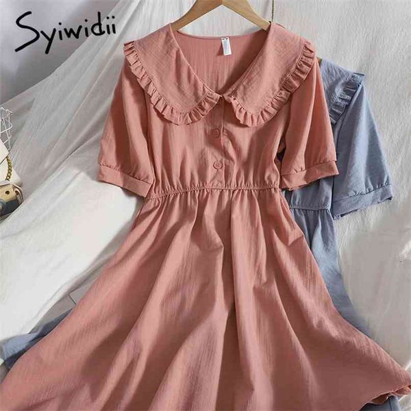 

summer light dresses women ruffles peter pan collar puff sleeve black white korean casual party mini dress 210607, Black;gray