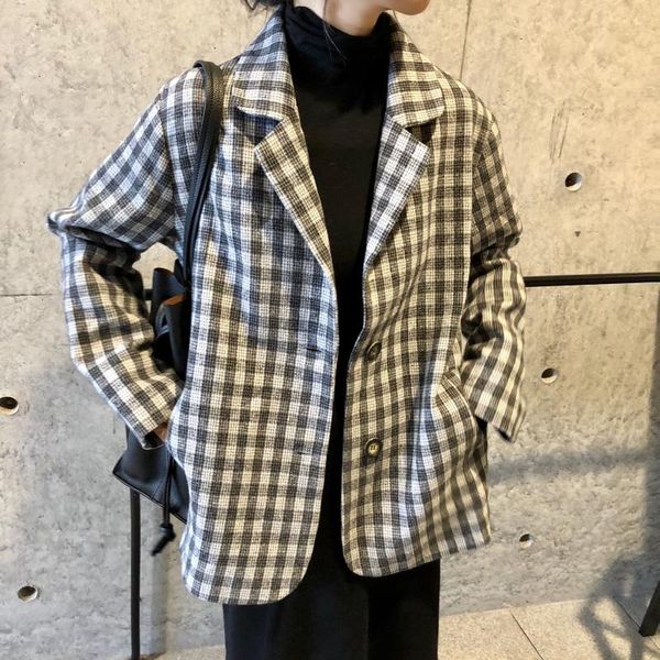 

korean black plaid ladies blazer loose casual suit jacket long sleeve blanco mujer vintage women's clothing mm60nxz suits & blazers, White;black