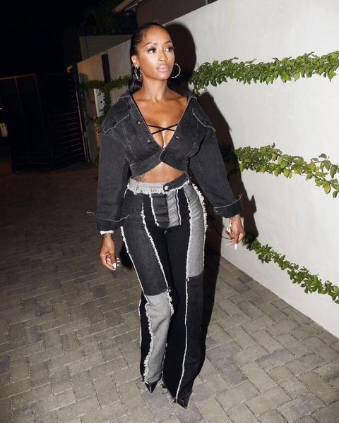 

cm.yaya women patchwork jeans for streetwear elegant denim pants women's, Blue