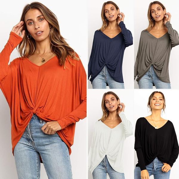 

women's t-shirt autumn winter casual women shirts v-neck patchwork batwing sleeve irregular long shirt package hips fashion knitted cot, White
