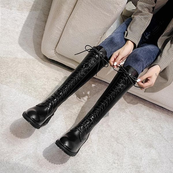 

boots 2021 women's classic an knee-length lace-up microfiber platform fashion ladies, Black