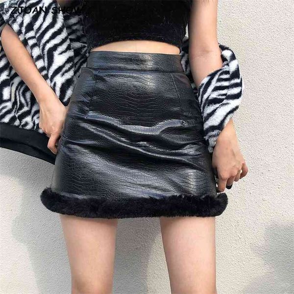 

women hem faux fur spliced pu mini skirt black y2k stylish cool girl package hips short skirts party 210429
