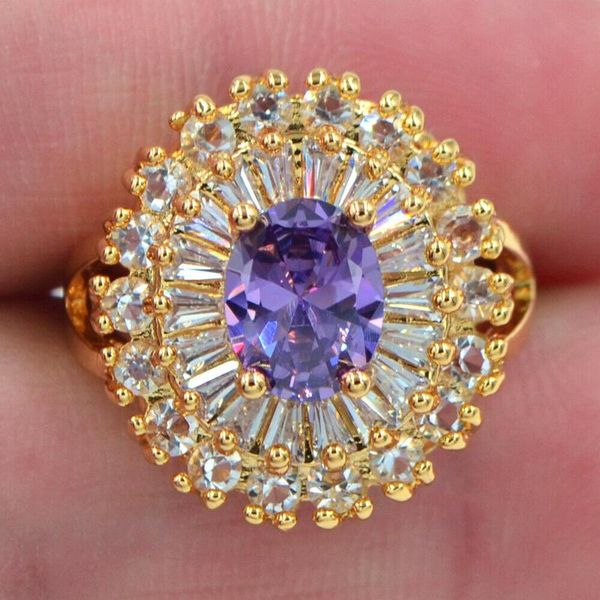 

fashion gold color women romantic + cubic zirconia luxury purple oval cz wedding ring jewelry cluster rings, Golden;silver
