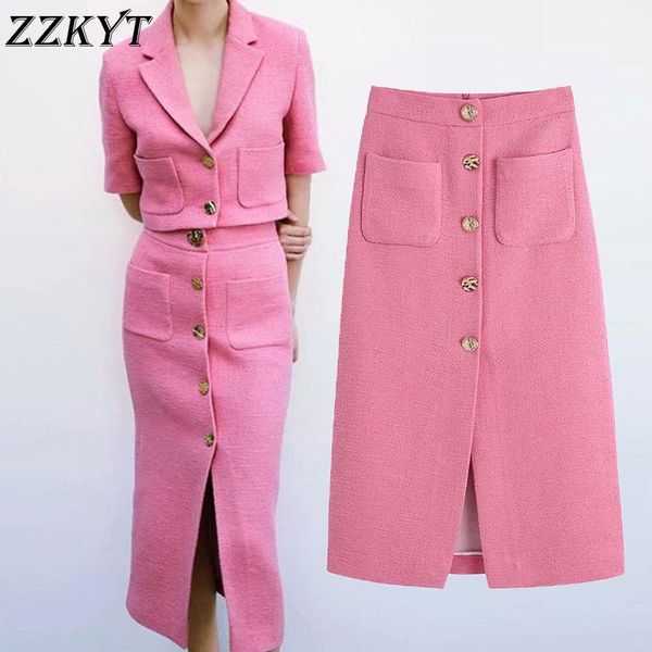 

skirts 2021 vintage pink tweed single breasted midi women skirt pocket streetwear ladies office lady a line faldas vestido mujer, Black