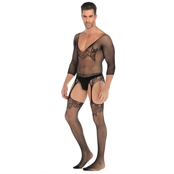 

mens plus size underwear bodystockings one-piece fishnet hollow stocking mesh clothing teddies jumpsuit sissy lingerie, Black;white
