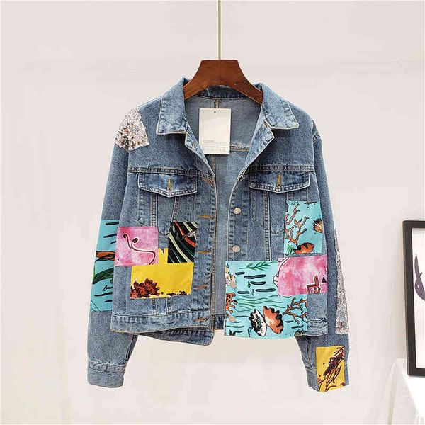 

jacket patch designs print jeans jackets women vintage long sleeve patchwork denim jacket female coats loose mujer outerwear streetwear, Black;brown