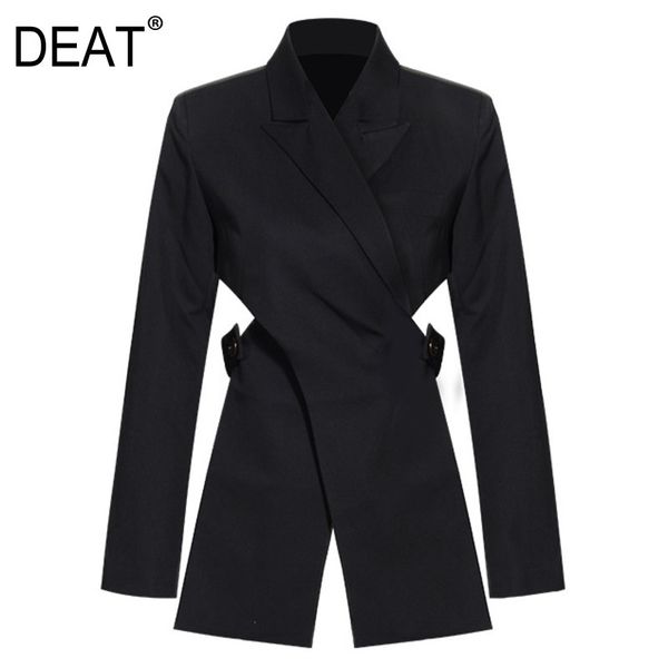 

[deat] v-neck collar solid balck cross design waist front long back short niche design black suit coat women spring gx442 210428, White;black