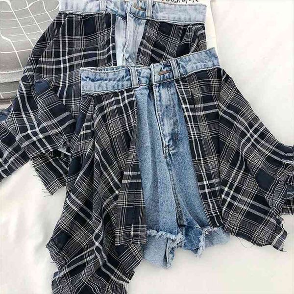 

s-5xl korean fashion design women shorts sense color matching lattice stitching high waist fake two pieces wide leg denim skirt, White;black