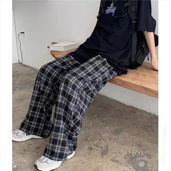 

vintage plaid oversize loose womens pant wide leg checked trousers teens straight hip hop streetwear korean fashion, Black;white