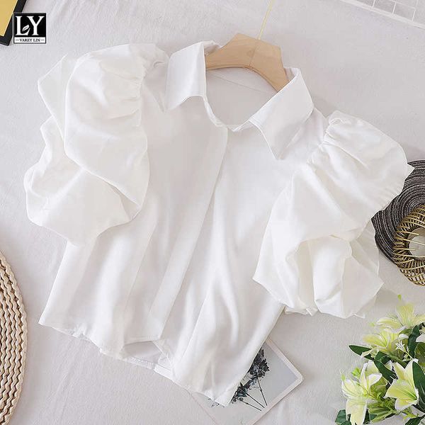 

ly varey lin summer elegant vintage office lady white green shirts women casual turn-down collar puff sleeve short 210526