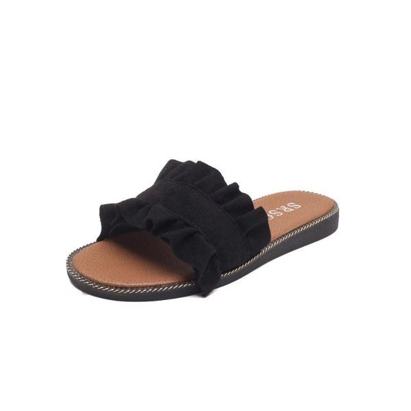 

slippers 2021 est summer fashion ruffles flat denim canvas black beige 3 colors casual outside beach slides women shoes