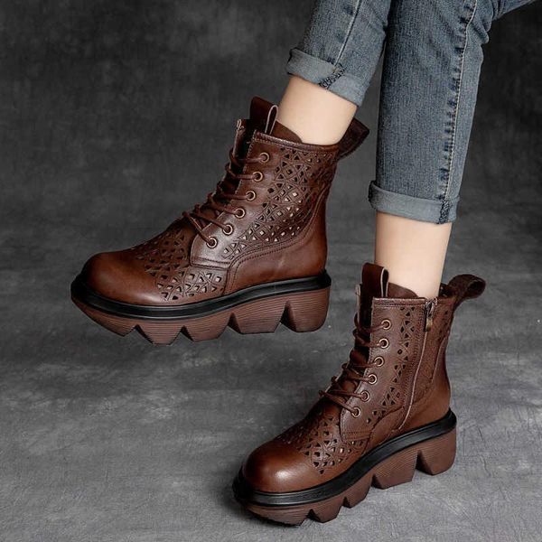

boots 2021 spring and summer british style handsome soft leather hollow cool women's thick bottomed, Black