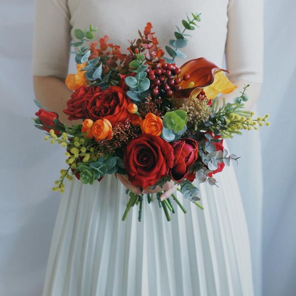 

wedding flowers sesthfar brides bouquet peonies roses real touch outdoor spring fall red and orange bridal boquet