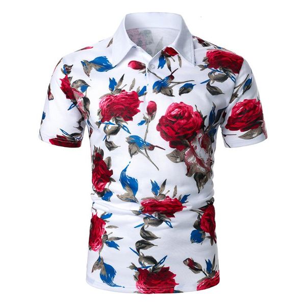 

men's polos short sleeve floral print shirts male summer contrast color t shirt fashion casual homme lapel d30, White;black