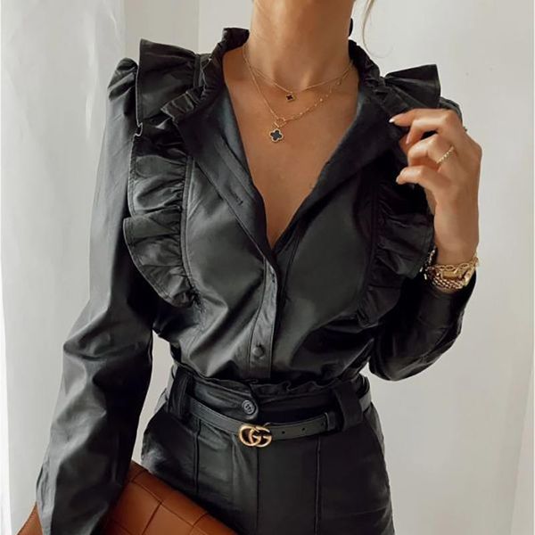 

women pu leather shirts black ruffle fashion lapel long sleeve buttons blouse clothes for female ladies autumn spring women's blouses, White