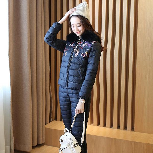 

two piece dress tracksuit women 2021 winter parka real fur collar hooded cotton jacket coat pants suits female down 2 sets warm, White