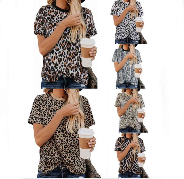 

2019 summer new leopard print women's t-shirt round neck short sleeve top, White