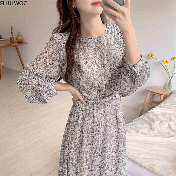 

chic korean clothes design autumn spring womens sleeve o neck elegant lady floral printed retro vintage long dress 00921, Black;gray