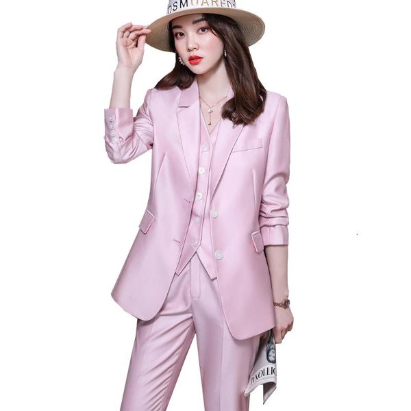 

women's two piece pants 3 pieces set women vest blazer and pant suit office ladies formal business work career wear clothes pin, White