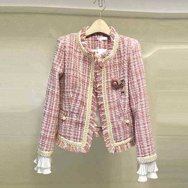

runway pink plaid women tweed overcoat autumn tassel beading long sleeve jacket coat fashion coats 210525, Black;brown