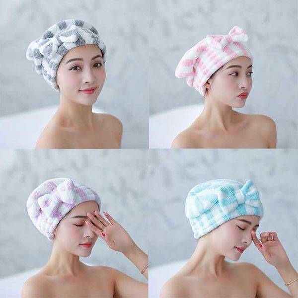 

beanie/skull caps striped pattern bowknot dry hair towel coral fleece quick-drying cap shower for women super absorbent bath accessories, Blue;gray