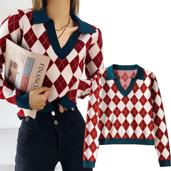 

women's t-shirt 2021 spring and summer european american style knit lapel deep v long-sleeved pullover sweater casual, White