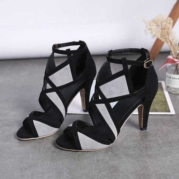 

9cm summer sandals women peep toe print flower ankle t- strap thin high heels female fashion ladies shoes stilettos, Black