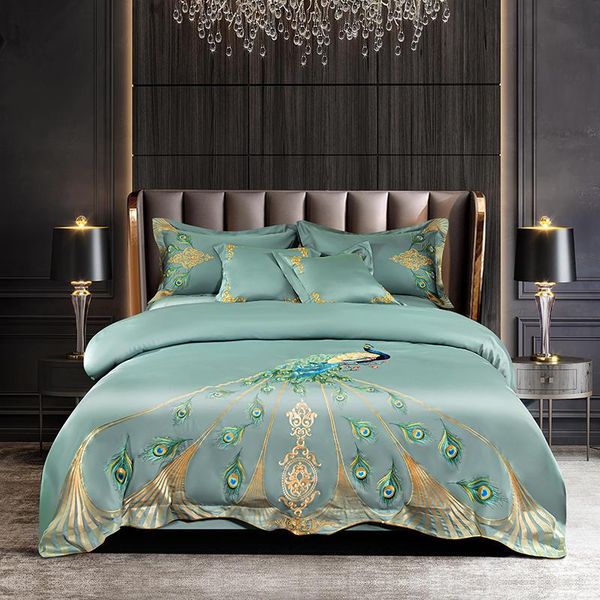 

bedding sets customized luxury long-staple cotton set peacock embroidery duvet cover cyan-blue sheet 1.5/1.8/2.0m bed
