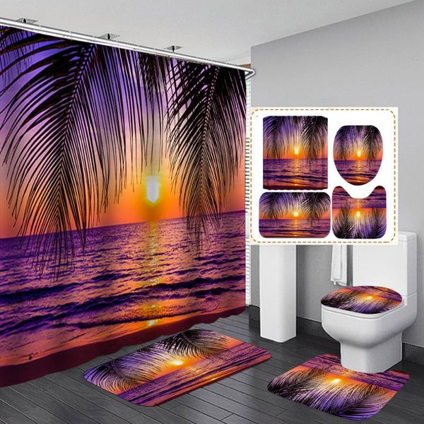 

dusk beach scenery bathroom curtains bath mat rugs set sunset seaside fabric shower curtain toilet cover rug carpet