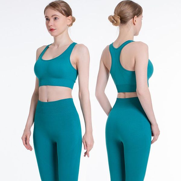 

yoga outfit pure color clothes women's suit seamless knitted sports pants vest running fitness tracksuits women set