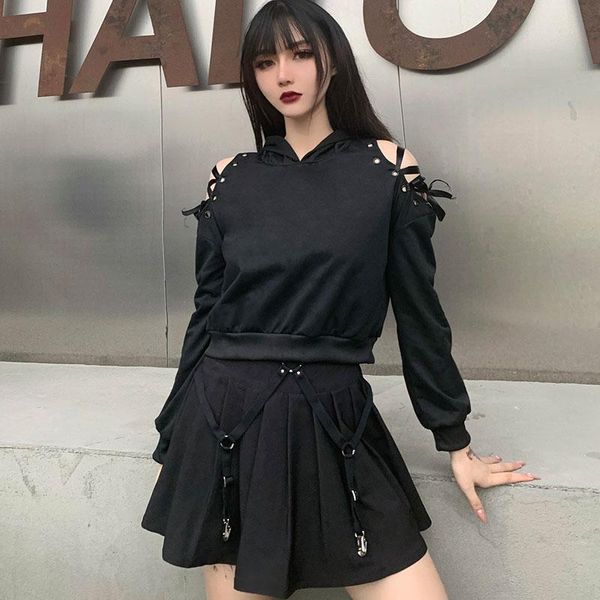 

women's hoodies & sweatshirts cool girl gothic oversize fashion autumn winter strapless cat ear full sleeve pullover streetwear solid c, Black