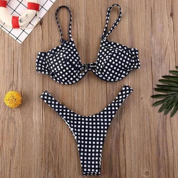 

underwire bikini 2021 women plaid print push up padded mini swimsuit brazilian bathers bathing suit thong swimwear women's, White;black