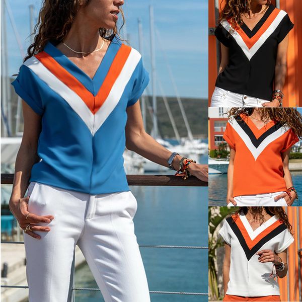 

women's splicing 2021 v-neck short sleeve loose t-shirt blouse, White