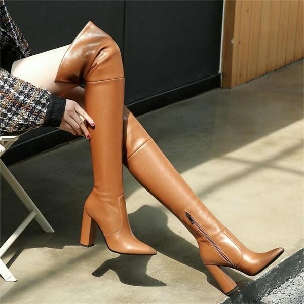 

boots 40-43 women's autumn and winter with pointed head, thick high heel thin half zipper over the knee, Black