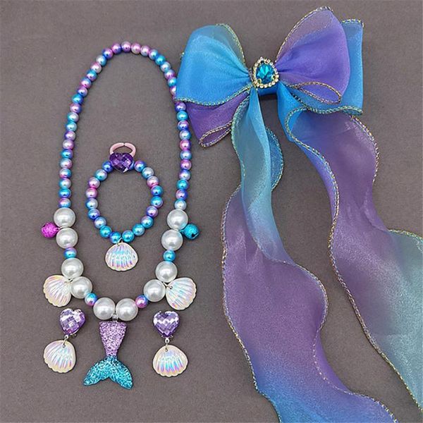 

earrings & necklace 6pc kids girl sequined mermaid taile pearl shell pendant bracelet ear clip ring bow hairclip set gift with bells, Silver