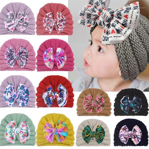 

caps & hats printed bows baby hat warm autumn winter kids toddler beanie cap crochet children girl bonnet head wraps accessories1, Yellow